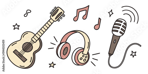 A collection of musical instruments and audio equipment including a guitar, headphones, and a microphone.