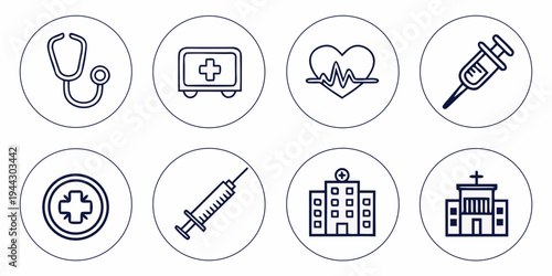 A collection of icons representing various medical services and healthcare facilities