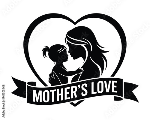 Symbolic silhouette of a mother holding her child within a heart shape with banner
