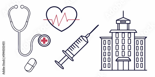 Medical equipment including a stethoscope, syringe, pill, and hospital building