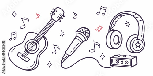 Various musical instruments and equipment including a guitar, microphone, and headphones