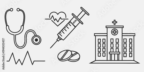 Medical icons including a stethoscope, heart, syringe, pills, and hospital