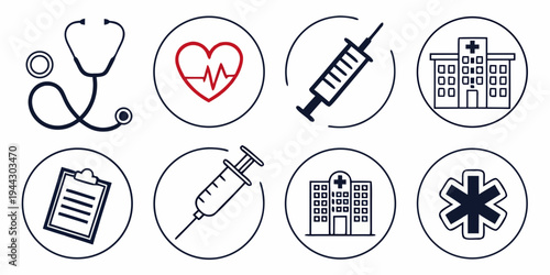 Assorted medical icons representing healthcare services and medical equipment