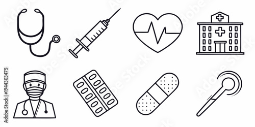 Set of medical icons including a stethoscope, syringe, and hospital building