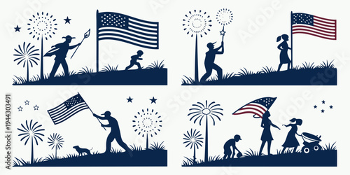 People celebrating with flags and fireworks in four different scenes.