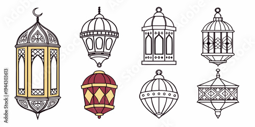 A collection of six vintage lanterns with intricate designs and patterns on display