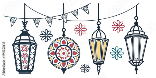 A festive scene featuring lanterns, bunting, and decorative elements for a celebration.