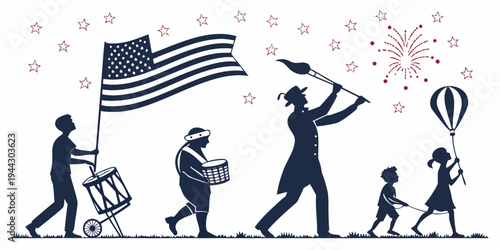 A diverse group of people holding flags and celebrating with fireworks in the background