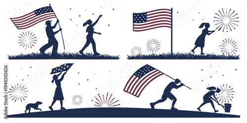 Four men saluting the american flag with fireworks in the background