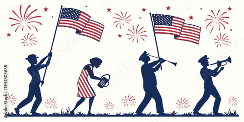 A diverse group of people celebrating independence day with flags and fireworks