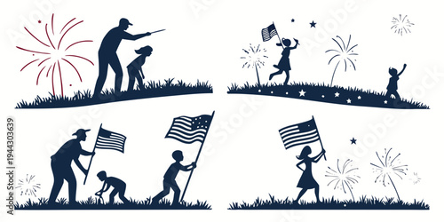 A series of four images depicting people engaging in various activities with flags and flowers.
