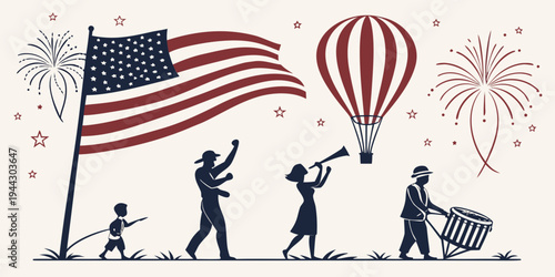 Group of people celebrating with an american flag and a hot air balloon