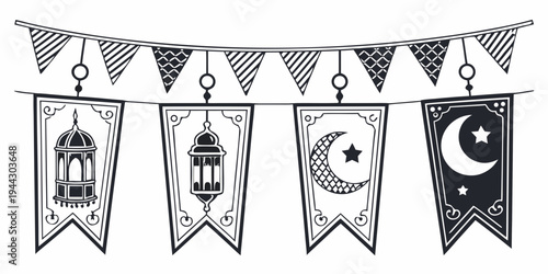Colorful bunting flags featuring lanterns, stars, and crescent moons on a string
