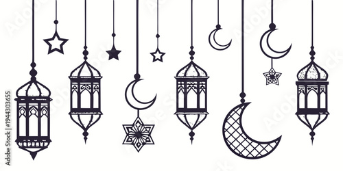 A collection of various lanterns and celestial symbols hanging from strings