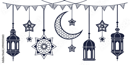 A collection of lanterns, crescent moons, and stars hanging from a string in a festive arrangement.