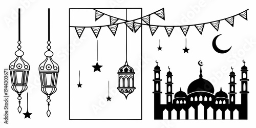 Illustration of a mosque with lanterns and crescent moon decorations