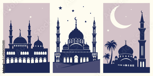 Three distinct views of a mosque with minarets under a moonlit sky and palm trees