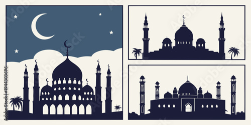 Three distinct views of a mosque with minarets under a starry night sky