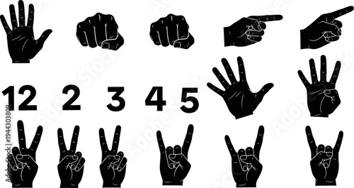 Sign language hand gestures and numbers in American Sign Language