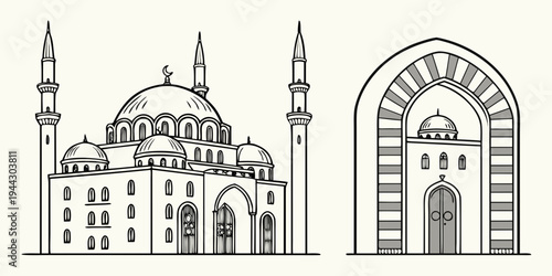 Two detailed illustrations of historic mosques with domes and minarets.