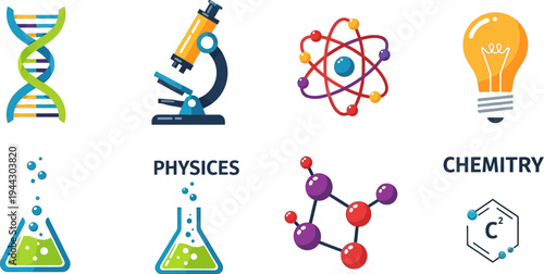 Science and chemistry icons including DNA microscope atom light bulb beakers and molecular structures