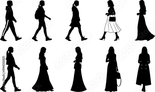 black silhouettes of women in various poses and outfits walking or standing still on white background