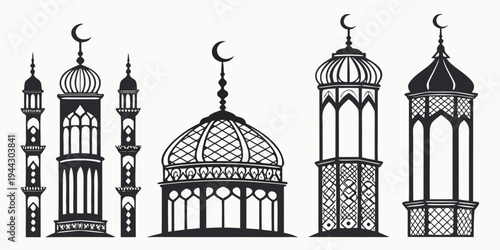 Illustration of five different architectural structures with crescent moons and stars on top