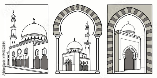 Three distinct architectural designs of mosques showcasing their unique entrances and domes