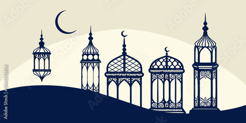 Four ornate lanterns with intricate designs and a crescent moon in the background