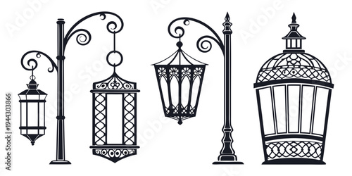 A collection of vintage street lamps and lanterns with intricate designs and patterns.