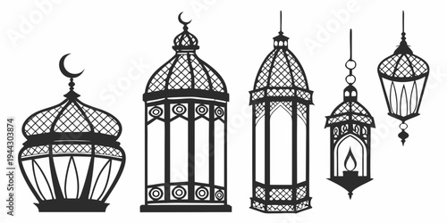 A collection of four ornate lanterns with intricate designs and varying sizes