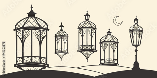 Four ornate hanging lanterns with intricate designs and a crescent moon above