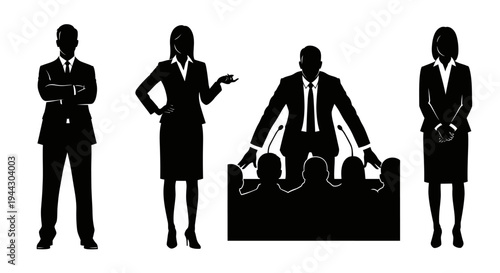 Silhouettes of diverse business professionals: men and women in suits, one delivering a speech at a podium. Concepts of corporate leadership, communication, and public speaking.