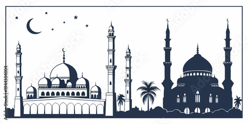 A detailed illustration of a mosque with domes and minarets under a starry night sky