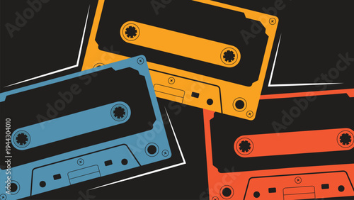 Retro audio cassette tapes on black backdrop suitable for musicthemed designs, vintage nostalgia, music lovers, 90s throwback projects.