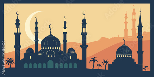 A serene depiction of a mosque with minarets and a crescent moon in the background.