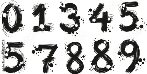 Hand drawn ink brush numbers with splatters and dots on white background