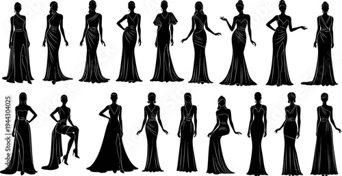 set of female silhouettes in various evening gowns and poses on white background