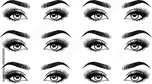 set of female eyes with long eyelashes and eye makeup on white background
