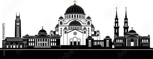 black and white illustration of a city skyline with church and buildings