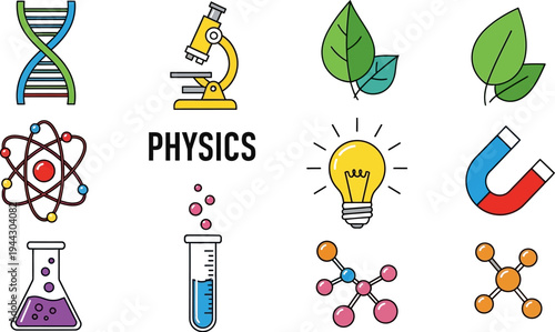 science icons including microscope leaf dna atom light bulb and test tube on white background