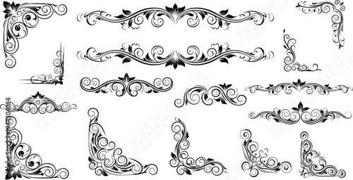 ornate floral borders and frames in elegant swirling patterns on white