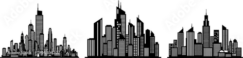 City skylines with various skyscrapers and highrise buildings in black silhouette on white background