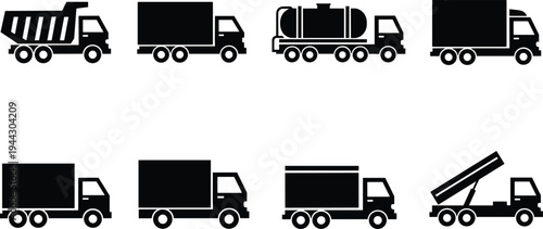 Black silhouette illustration of eight different trucks including dump, box, tanker, and tilt‑bed designs, ideal for logistics, transportation, and commercial vehicle concepts