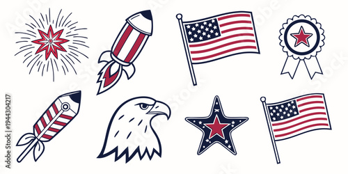 A collection of patriotic symbols including flags, a rocket, and an eagle.