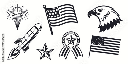 Patriotic symbols including flags, eagle, fireworks, and rockets