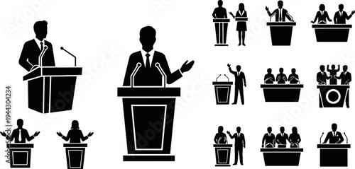 Silhouette icons of people giving presentations at podiums and lecterns in various gestures and group settings