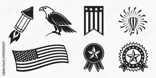 Collection of patriotic symbols including an eagle, flag, and awards