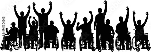 Silhouette of people with disabilities and their supporters raising hands in unity and solidarity