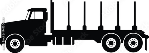 Black silhouette illustration of heavy‑duty logging truck with cab and flatbed trailer, symbolizing forestry, timber transport, industrial vehicles, and construction concepts